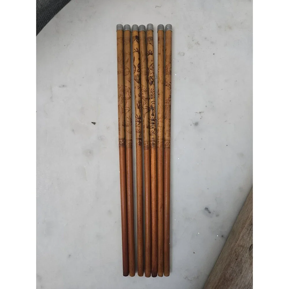 Vintage Asian Wooden Bamboo Etched 10-1/4